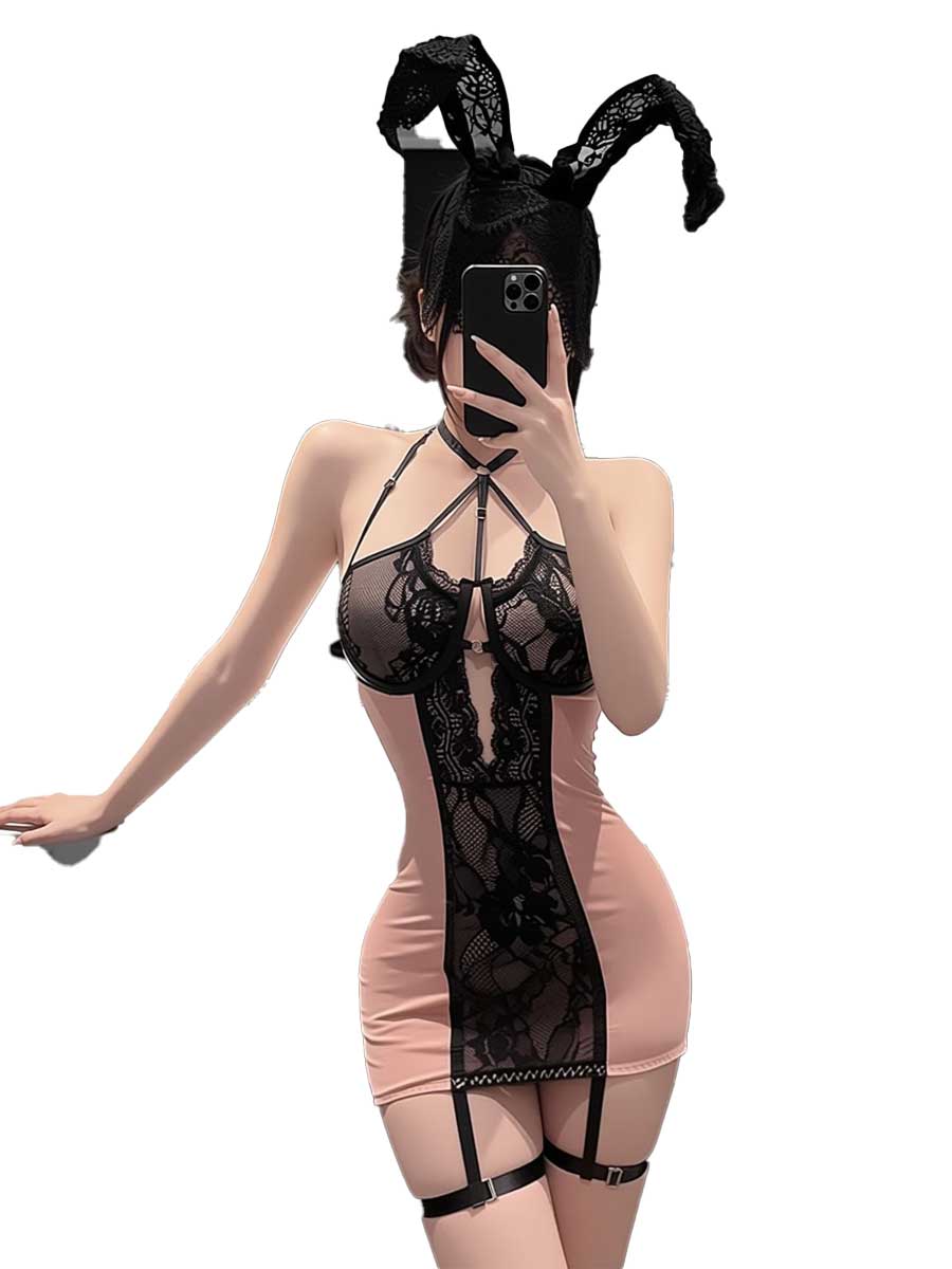 여성용 핑크 블랙 레이스 바디콘 미니 드레스, 홀터 컷 - Lace Teddy Lingerie 리뷰 및 가격